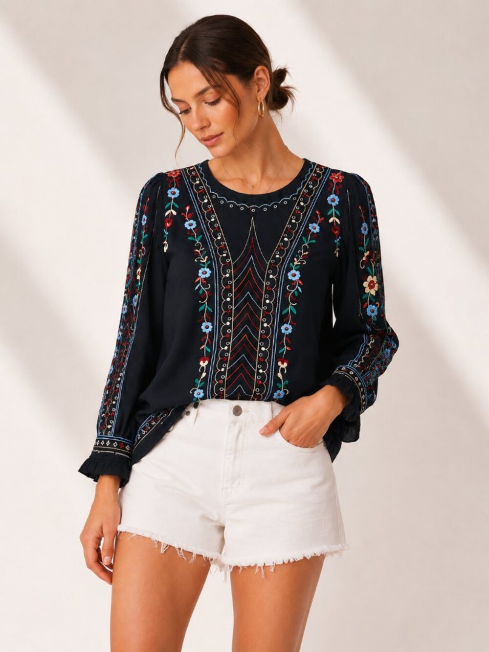 Anthropologie One September Wesley Embroidered Top Black S